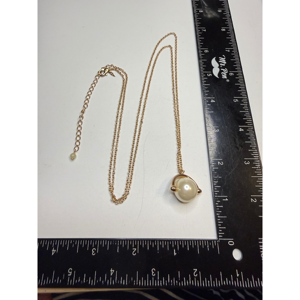 SHB Gold Tone Faux Pearl Orb Orbital Pendant Necklace Adjustable Chain